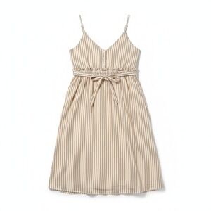 Line + Dot Striped Midi Dress Small Tan White Button Front Tie Waist Coastal